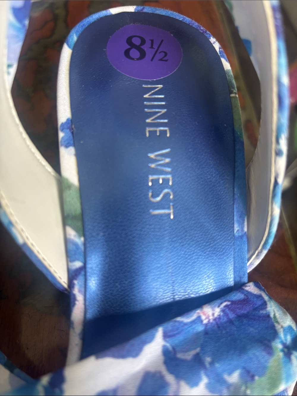 Nine West Sandals sz 8.5 Blue Floral Tie-Ankle Kelsie kitten heel NEW - Picture 3 of 7